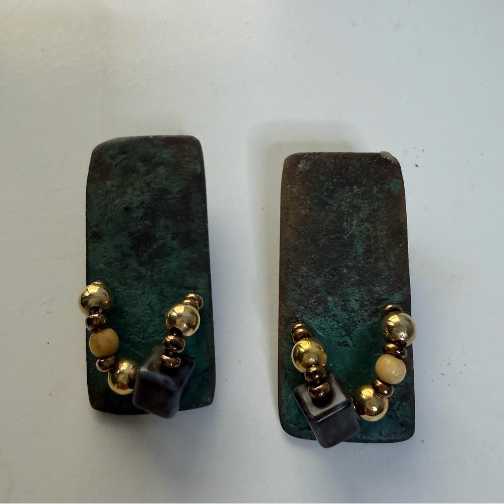 Rectangular Green and Gold Beaded Earrings
